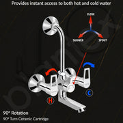 Plantex 2 in 1 Wall Mixer for Bathroom/Mixer L-Bend Provision for Overhead/Mixer Tap for Bathroom with Water Saving Nozzle and Wall Flange (3215, Chrome)