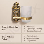 Plantex Antique Aluminium Tumbler Holder/Matt Glass Tooth Brush Stand/Bathroom Accessories (Brass-Antique Finish)