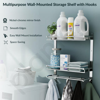 Plantex Stainless Steel Bathroom Organizer/Multipurpose 3 Tier Bathroom Shelf with Towel Hanger and Hooks/Shelf for Washroom