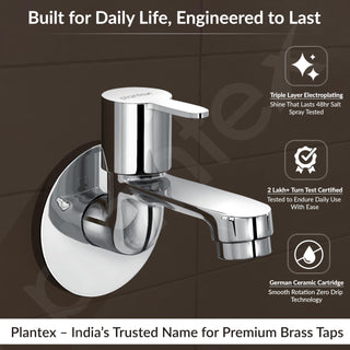 Plantex Pure Brass FLO-801 Bib Cock Water Tap with Water Saving Aerator/Dual Bib Tap with Brass Wall Flange & Teflon Tape for Washbasin with 7-Year Warranty (Mirror Chrome)