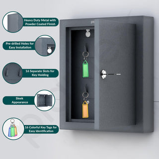 Plantex GI Metal Key Holder Box/Key Cabinet with 16 Key Holder for Wall/Lockable Key Storage Box for Home/Hotel/Shops/Office - Wall Mount (Grey)