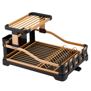 Plantex Kitchen Storage Rack/Aluminium Fold Flat Dish Drying Rack/2-Tier with Drainboard/Kitchen Organiser Rack (Gold Black)