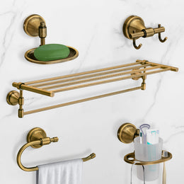 Plantex 304 Grade Stainless Steel Bathroom Accessories Set of 5 - Towel Stand/Napkin Ring/Soap Dish/Toothbrush Stand/Robe Hooks - Niko (Brass Antique)