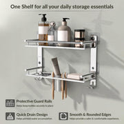 Plantex Bathroom Organiser Without Drill/Stainless Steel Bathroom Accessories Set with Soap Dish and Brush Slots/Hooks/Tumbler Holder/Steel Soap Holder for Bathroom-(2-Tier, Chrome)