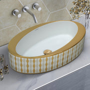 Plantex Ceramic Washbasin/Designer Basin for Bathroom/Oval Tabletop Basin/Countertop Vessel Sink for Home/Office/Restaurant (Gold & White - 24 x 14 x 10 Inch)