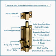Plantex Stainless Steel Tower Bolt/Tower Bolt for Home,Offices Doors and Windows/Tower Bolt for Main Door/Door Latch/Kundi/Chitakini/Door Latch for Windows - Pack of 1 (Brass Finish, 4 inch)