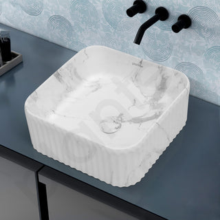 Plantex Tabletop Wash Basin for Bathroom/Designer Ceramic Basin/Countertop Wash Basin/Home/Office (Marble White - 16 x 16 x 6.5 Inch)