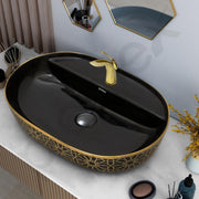 Plantex Ceramic Tabletop Wash Basin for Bathroom/Counter Top Washbasin/Oval Vessel Sink Basin for Home/Hotel/Office (24x16x5.5 Inch - Black & Gold)