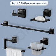 Plantex 304 Grade Stainless Steel Bathroom Accessories Set of 5 - Towel Rod/Hand Napkin Hanger for Wash Basin/Soap Case/Toothbrush Holder/Robe Hook - Squaro (Black)