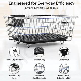 Plantex Stainless Steel Dish Drainer Basket for Kitchen Utensils/Dish Drying Rack with Drainer/Bartan Basket/Plate Stand(Size- 58.5x44.5x23.5 CM - Chrome Finish)