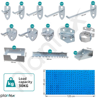 Plantex Metal Pegboard for Garages and Workshops - Tool Organizer and Storage Board - 120 x 45 cm With Hanging Shelves