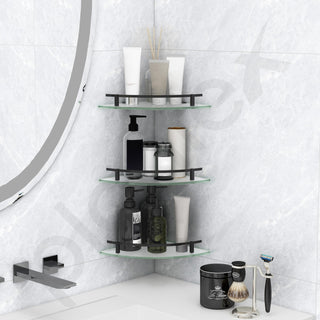 Plantex Premium Frosted Glass Corner/Shelf for Bathroom/Wall Shelf/Storage Shelf - (12x12 in,Black-Pack of 3)