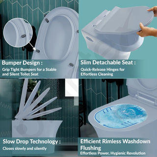 Plantex Platinum Rimless Wall Hung Western Commode/Washdown Bathroom Commode/P Trap Western Toilet with Soft Close Toilet Seat Cover (Ocean)