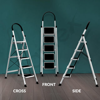 Plantex Steel Ladder for Home/Strong Foldable Wide 5 Step Ladder/Anti-Skid 5 Step Ladder - (Apex - White)