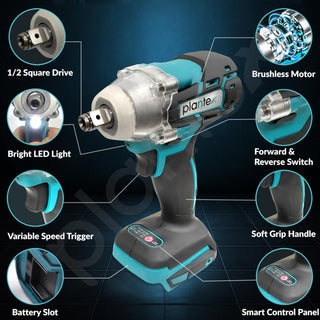Plantex Cordless Impact Wrench/Brushless Motor/350 Nm Tourq/1/2" Square Head - Blue & Black (Battery Not Included)