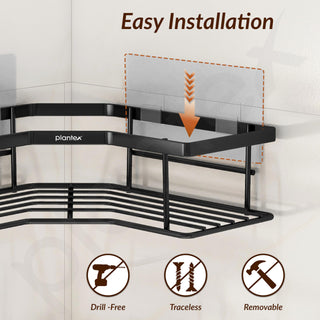 Plantex Self Adhesive Bathroom Shelf Rack/Bathroom Organizer Without Drill/Corner Shelf for Bathroom Wall/Kitchen Corner Shelves Self Adhesive/Shelves for Kitchen-Pack of 2(Black)