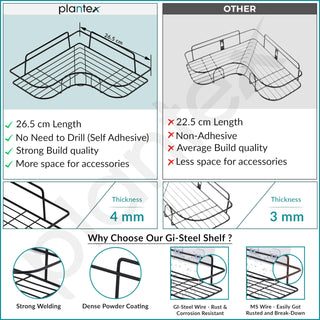 Plantex Drill Free Bathroom Corner Shelf/Adhesive Shelf for Kitchen with Magic Sticker/Bathroom Accessories Set- GI Metal (Pack of 3)