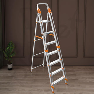 Plantex Secura 7 Step Aluminium Ladder for Home/Foldable Ladder with Safe Hand Rails/5 Year Manufacturer Warranty(Orange-Silver)