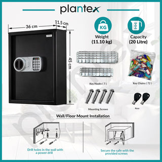 Plantex Safe Locker/Key Holder Locker Box For Home, Office,Hotel/Electronic Keypad/Dual Password Code Access Lock/LED Light/2 Years Warranty By Plantex - 20Litre/71 Keyhooks and Keychains - Black