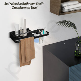 Plantex Self Adhesive 4in1 Shelf for Bathroom/Multifunctional Organizer with Tumbler Holder/Liquid Soap Dispenser/Napkin Holder/Bathroom Accessories Set (1514, Black)