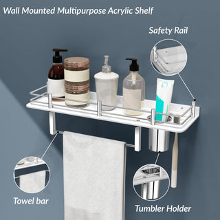 Plantex Acrylic 3 in 1 Multipurpose Bathroom Shelf/Towel Hanger/Rack/Tumbler Holder/Bathroom Accessories-White (18 x 5 Inches)