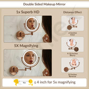 Plantex Brass and 304 Stainless-Steel Magnifying Mirror with LED/Makeup Mirror with Light/Zoom Mirror- 5x/1x Magnification (8 Inch-Rose Gold/Wall Mount)