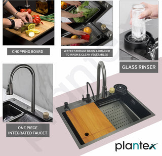 Plantex 304 Grade Stainless Steel Waterfall Kitchen Sink with Anti Scratch Honeycomb Design/Luxurious Sink for Kitchen with Pull Down Faucet - Multifuctional Modern Sink (30 x 18 Inch, Black)