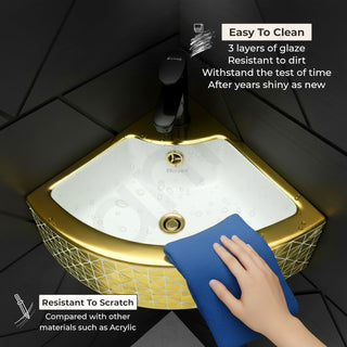 Plantex Ceramic Corner Basin/Wall Mount Washbasin for Bathroom/Small Corner Vessel Sink/Tabletop Wash Basin (Golden Cornia, 18 x 13 x 5 Inch)