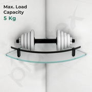 Plantex Premium Frosted Glass Corner Shelf for Bathroom/Kitchen Glass Shelf with Brass Railings and Brackets/Bathroom Corner Shelf/Storage Rack (Black-9x9 Inches- Pack of 2)
