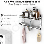 Plantex Bathroom Organiser without Drill/Stainless Steel Bathroom Accessories Set with Soap Dish and Brush Holder/Hooks/Tumbler Holder/Bathroom Stand for Wall (2-Tier, Chrome)