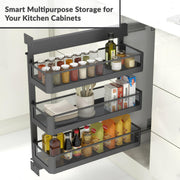 Plantex Pull Out Cabinet Organizer/Kitchen Cabinet Side Mounted Bottle Pull Out Unit/3-Tier Organizer with Soft Close/Heavy-Duty Storage for Modular Kitchen - (250mm, Grey)