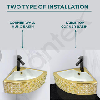 Plantex Ceramic Corner Basin/Wall Mount Washbasin for Bathroom/Small Corner Vessel Sink/Tabletop Wash Basin (Golden Cornia, 18 x 13 x 5 Inch)