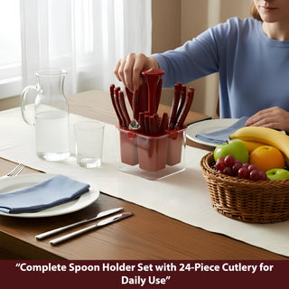 Plantex Oppo Cutlery Set with Storage Box/Spoon Set/Spoon Stand for Kitchen and Dining (24 Pieces - Brown)