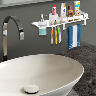 Plantex Stainless Steel 4in1 Multipurpose Bathroom Shelf/Bathroom Steel Rack with Tumbler Holder, Towel Rod and Liquid Soap Dispenser Chrome (18x5 inches)