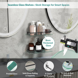Plantex Frosted Glass Shelf for Bathroom/Kitchen/Living Room Wall Mount Shelf with Black Brass Railings and Wall Brackets (12x6 Inches - Pack of 2)