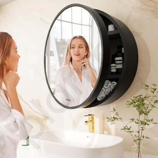 Plantex Aluminium Framed Round Mirror Cabinet for Bathroom/Wash Basin/Heavy-Duty Steel Body Moon Shape Mirror with Shelf– 20x20 Inch, Black