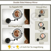 Plantex Brass and 304 Stainless-Steel Magnifying Mirror with LED/Wall Mount Makeup Mirror with Light/Zoom Mirror- 5x/1x Magnification (8 Inch-Black)