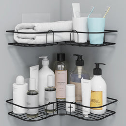 Plantex Self Adhesive Corner Shelf for Bathroom Wall/Bathroom Organiser Without Drill/Corner Shelf for Kitchen - (GI Steel, Black) - Pack of 1