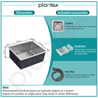 Plantex Heavy Duty Stainless Steel Kitchen Sink/Sink for Kitchen with Square Coupling, Hose Pipes and Drain Rack/Single Bowl Sink With 25 Years Warranty by Plantex (Matt-21x18x9 Inches)