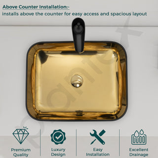 Plantex Designer Wash Basin for Bathroom/Table Top Hand Wash Sink/Counter Top Basin for Home/Ofice (19.5x15.5x5.5 Inch - Black & Golden)