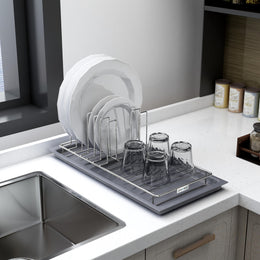 Plantex Stainless Steel Dish Drying Rack for Kitchen with Drain Tray/Plate & Thali Stand/Utensil, Bowl & Glass Holder/Countertop Dish Drainer Organizer – Pack of 1 (Chrome & Grey)
