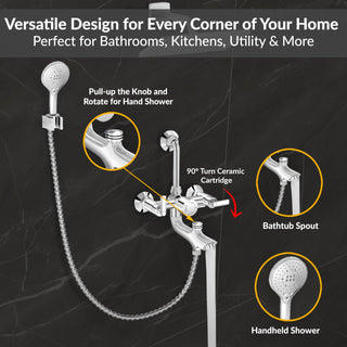 Plantex Pure Brass Wall Mixer for Bathroom 3 in 1 with L-Bend Provision for Overhead and Hand Shower/Mixer Tap for Bathroom with Water Saving Nozzle and Brass Wall Flange (Bal-519-Chrome)