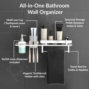 Plantex Stainless Steel 4in1 Multipurpose Bathroom Shelf/Bathroom Steel Rack with Tumbler Holder, Towel Rod and Liquid Soap Dispenser Chrome (18x5 inches)