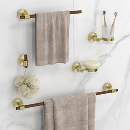 Plantex 304 Stainless Steel and Wood Bathroom Set/Glass Soap Holder & Tumbler Holder/Towel Rod/Napkin Hanger for Washbasin/Robe Hook/Bathroom Accessories - Set of 5 (Gold & Wood)