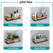 Plantex Drill Free Aluminium Bathroom Shelf/Self Adhesive Shelf for Kitchen with Golden Railing & Magic Stickers/Floating Storage Organiser (12x5 inches, Gold & Black) - Pack of 1