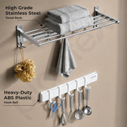 Plantex Folding Towel Rack with Magnetic Hook Rail/Stainless Steel 24 Inch Towel Holder with 5 ABS J-Shape Hooks for Bathroom/Wall Mounted Towel Stand for Clothes – Chrome