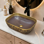 Plantex Designer Ceramic Basin/Table Top Wash Basin for Bathroom/Countertop Vessel Sink - Indo-European Collection (EQTT-466, Gold & Brown)