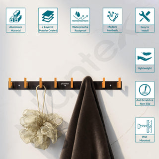 Plantex Aluminum Hook Rail with L-Shape Hook for Clothes Hanging/Hook Rail Bar for Clothes/Towel/Keys -Pack of 3 (8 Hooks/Black & Gold)