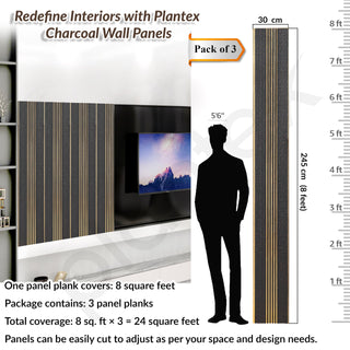 Plantex Louvers Panel for Wall/8 Feet Wall Panels/3D Charcoal Panel for Interior Walls Décor - Pack of 3 Covers - 24 Sq. Ft, Size-1 Feet x 8 Feet (YD-1209)