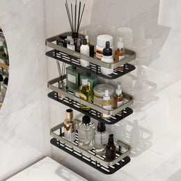 Plantex Bathroom Organizer Without Drill/Stainless Steel & Aluminium Shelf for Wall with Adhesive Stickers - Pack of 3 (12x5 inches, Satin & Black)